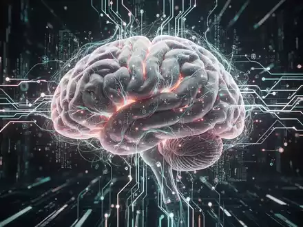 Ein stilisiertes menschliches Gehirn mit leuchtenden neuronalen Pfaden, verflochten mit digitalen Schaltkreisen und Datenströmen. - Foto: über boerse-global.de