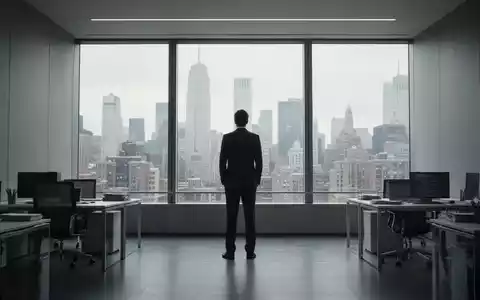 Eine einsame Figur in einem modernen Büro blickt auf die Skyline der Stadt, symbolisiert Führungswechsel und Reflexion. - Foto: über boerse-global.de