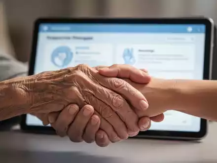 Eine ältere Hand hält eine jüngere Hand, im Hintergrund ein unscharfes Tablet mit digitalen Gesundheitsinformationen. - Foto: über boerse-global.de