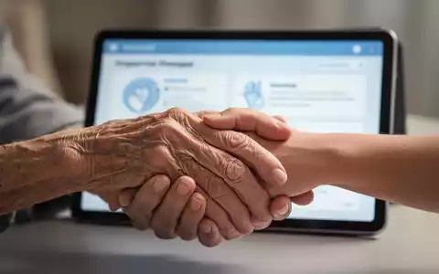 Eine ältere Hand hält eine jüngere Hand, im Hintergrund ein unscharfes Tablet mit digitalen Gesundheitsinformationen. - Foto: über boerse-global.de