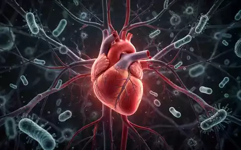 Ein stilisiertes, leuchtendes Herz, umgeben von einem komplexen Netz aus Blutgefäßen und Nerven, das die systemische Verbindung zwischen Entzündungen und Herz-Kreislauf-Erkrankungen darstellt. - Foto: über boerse-global.de