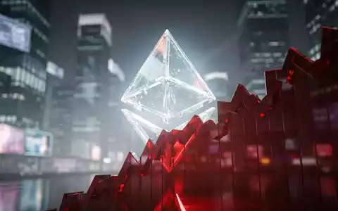 Ein stilisiertes, leuchtendes Ethereum-Logo, teilweise verdeckt von einem dramatischen, tiefroten Finanz-Chart-Balken. - Foto: über boerse-global.de
