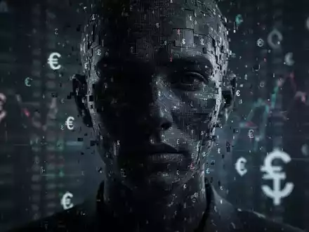 Ein verzerrtes, digitales Gesicht, das sich über abstrakte Finanzdaten legt, symbolisiert Deepfake-Betrug im Bankwesen. - Foto: über boerse-global.de