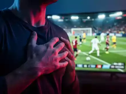 Eine Hand greift sich dramatisch an die Brust, im Hintergrund ein unscharfer Fernseher mit einem Fußballspiel. - Foto: über boerse-global.de