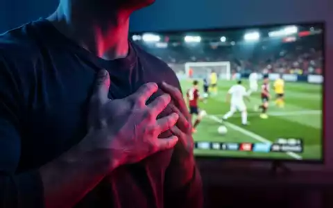 Eine Hand greift sich dramatisch an die Brust, im Hintergrund ein unscharfer Fernseher mit einem Fußballspiel. - Foto: über boerse-global.de