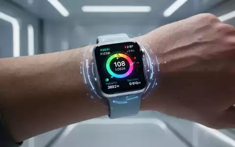 Nahaufnahme einer Apple Watch am Handgelenk mit Gesundheitsdaten und leuchtenden Grafiken, die Wearable-Technologie und Gesundheitsüberwachung darstellt. - Foto: über boerse-global.de