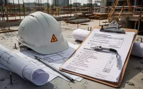 Ein Schutzhelm, Baupläne und ein Klemmbrett mit Sicherheitschecklisten auf einer Baustelle, die Arbeitssicherheit in Deutschland symbolisieren. - Foto: über boerse-global.de