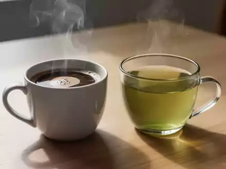 Zwei dampfende Tassen auf einem Holztisch, eine mit Kaffee und eine mit grĂŒnem Tee, symbolisieren einen Gesundheitsvergleich. - Foto: ĂŒber boerse-global.de
