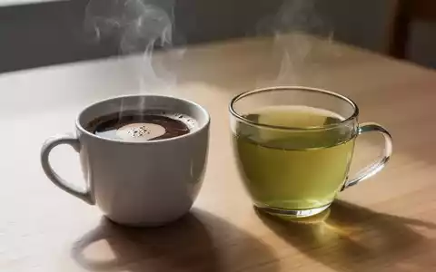 Zwei dampfende Tassen auf einem Holztisch, eine mit Kaffee und eine mit grünem Tee, symbolisieren einen Gesundheitsvergleich. - Foto: über boerse-global.de