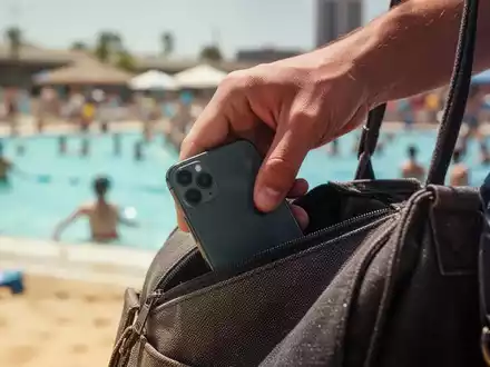 Eine Hand schiebt unauffällig ein Smartphone in eine Tasche, mit einem unscharfen, belebten Freibad oder Strand im Hintergrund. - Foto: über boerse-global.de
