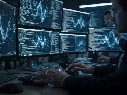 Eine forensische Expertin analysiert digitale Daten auf mehreren Bildschirmen in einem abgedunkelten Ermittlungsraum der Polizei. - Foto: über boerse-global.de