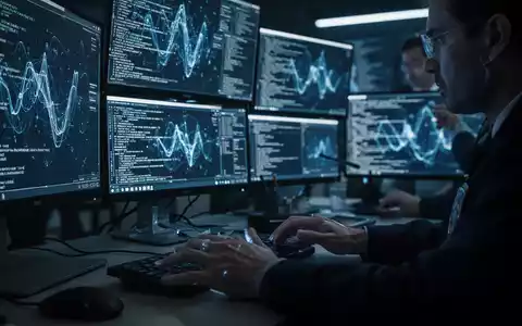 Eine forensische Expertin analysiert digitale Daten auf mehreren Bildschirmen in einem abgedunkelten Ermittlungsraum der Polizei. - Foto: über boerse-global.de