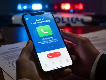 Nahaufnahme eines Smartphones, das eine gefälschte Banking-App oder Anrufer-ID anzeigt, gehalten von einer Hand in dunklem Raum. - Foto: über boerse-global.de