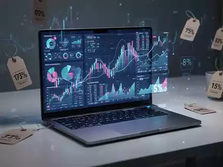 Moderner Laptop mit leuchtendem Bildschirm, der Finanzdiagramme zeigt, umgeben von unscharfen Preisschildern und Rabattsymbolen, auf einem Schreibtisch. - Foto: über boerse-global.de
