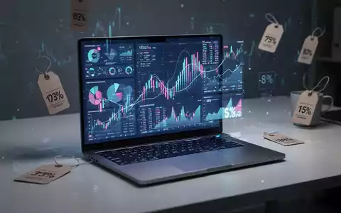 Moderner Laptop mit leuchtendem Bildschirm, der Finanzdiagramme zeigt, umgeben von unscharfen Preisschildern und Rabattsymbolen, auf einem Schreibtisch. - Foto: über boerse-global.de