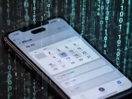 Ein iPhone-Bildschirm, der Datumseinstellungen anzeigt, mit einem unscharfen Hintergrund aus Binärcode, der digitale Risiken symbolisiert. - Foto: über boerse-global.de
