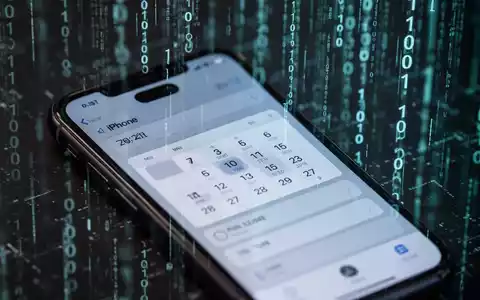 Ein iPhone-Bildschirm, der Datumseinstellungen anzeigt, mit einem unscharfen Hintergrund aus Binärcode, der digitale Risiken symbolisiert. - Foto: über boerse-global.de