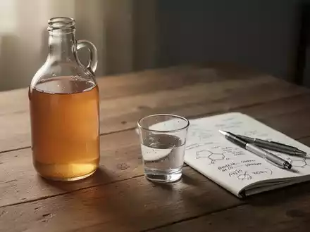 Eine Flasche Apfelessig und ein Glas auf einem Holztisch, daneben ein Notizbuch mit wissenschaftlichen Notizen. - Foto: über boerse-global.de