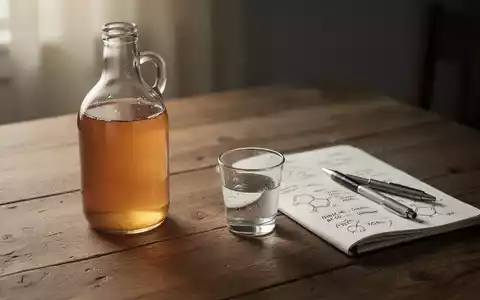 Eine Flasche Apfelessig und ein Glas auf einem Holztisch, daneben ein Notizbuch mit wissenschaftlichen Notizen. - Foto: über boerse-global.de