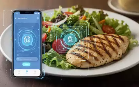Ein Smartphone zeigt eine App zum Scannen von Mahlzeiten, im Hintergrund ein Teller mit gesundem Essen. Symbolisiert KI-Ernährungsanalyse. - Foto: über boerse-global.de