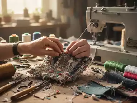 Nahaufnahme von Händen, die ein Textilprodukt aus recyceltem Stoff nähen, umgeben von DIY-Werkzeugen und Materialien in einer Werkstatt. - Foto: über boerse-global.de
