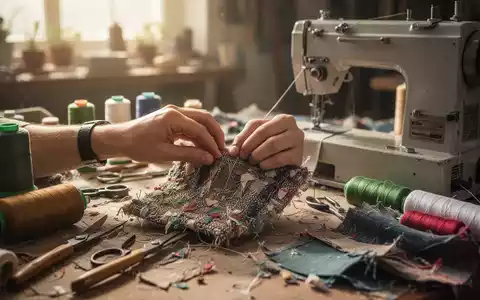 Nahaufnahme von Händen, die ein Textilprodukt aus recyceltem Stoff nähen, umgeben von DIY-Werkzeugen und Materialien in einer Werkstatt. - Foto: über boerse-global.de