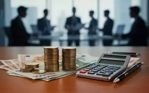 Ein Stapel Euro-Münzen und -Banknoten mit einem Taschenrechner und einem Stift auf einem Schreibtisch, verschwommener Hintergrund mit Personen. - Foto: über boerse-global.de