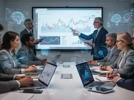 Erwachsene Teilnehmer in einem modernen Schulungsraum, die an Laptops und Tablets arbeiten, mit Finanzdiagrammen und digitalen Projektionen im Hintergrund. - Foto: über boerse-global.de