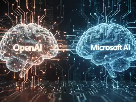 Stilisierte digitale Illustration zweier verbundener, leuchtender Gehirne, beschriftet mit 'OpenAI' und 'Microsoft AI', mit Datenfluss dazwischen. - Foto: über boerse-global.de