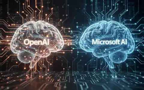 Stilisierte digitale Illustration zweier verbundener, leuchtender Gehirne, beschriftet mit 'OpenAI' und 'Microsoft AI', mit Datenfluss dazwischen. - Foto: über boerse-global.de