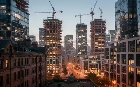 Eine nächtliche Stadtansicht mit modernen Gebäuden und Baustellen, die den Wandel und die Revitalisierung urbaner Räume symbolisiert. - Foto: über boerse-global.de