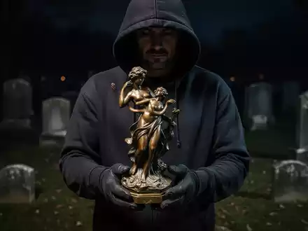 Eine schattenhafte Gestalt mit Kapuzenpulli und Handschuhen hält eine gestohlene Bronzeskulptur auf einem dunklen Friedhof. - Foto: über boerse-global.de