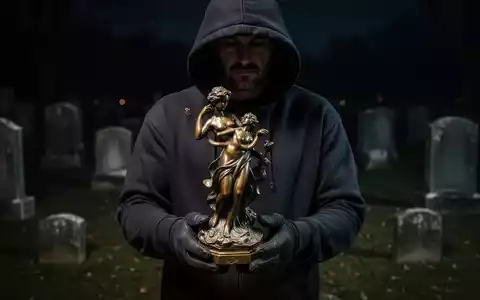 Eine schattenhafte Gestalt mit Kapuzenpulli und Handschuhen hält eine gestohlene Bronzeskulptur auf einem dunklen Friedhof. - Foto: über boerse-global.de