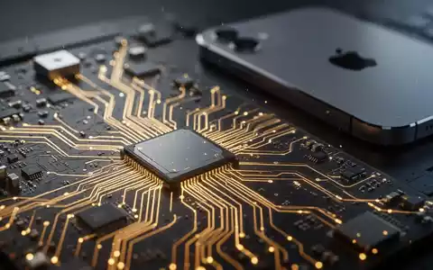 Nahaufnahme einer Leiterplatte mit leuchtenden Leiterbahnen, die Mikrochips darstellt, neben einem unscharfen Apple-Gerät. - Foto: über boerse-global.de