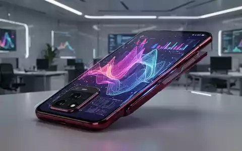 Schlankes, dunkles kirschrotes Smartphone mit großem Bildschirm, der farbenfrohe Datenvisualisierungen zeigt, in einem modernen Büro. - Foto: über boerse-global.de