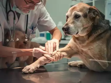 Ein Tierarzt untersucht sanft das Bein eines älteren Hundes in einer Tierklinik. Fokus auf Tiergesundheit und medizinische Versorgung. - Foto: über boerse-global.de