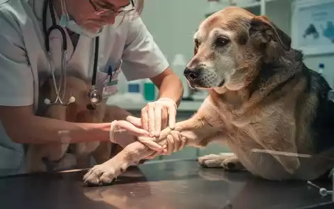 Ein Tierarzt untersucht sanft das Bein eines älteren Hundes in einer Tierklinik. Fokus auf Tiergesundheit und medizinische Versorgung. - Foto: über boerse-global.de