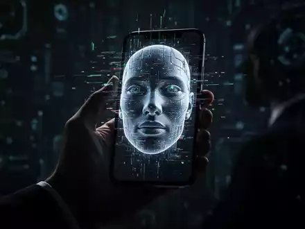 Eine Hand hält ein Smartphone, auf dessen Bildschirm ein verzerrtes, glitchiges menschliches Gesicht zu sehen ist, das KI-Betrug symbolisiert. - Foto: über boerse-global.de