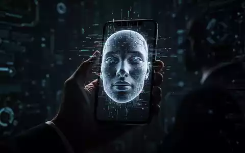 Eine Hand hält ein Smartphone, auf dessen Bildschirm ein verzerrtes, glitchiges menschliches Gesicht zu sehen ist, das KI-Betrug symbolisiert. - Foto: über boerse-global.de