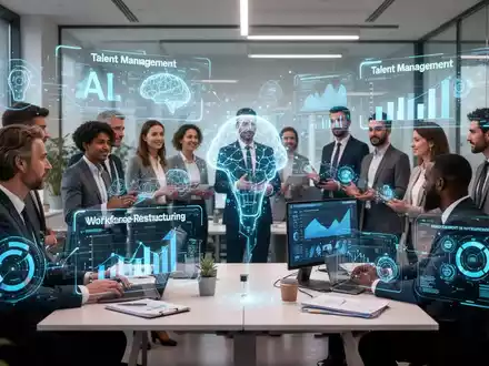 HR-Fachkräfte in einem modernen Büro, die mit holografischen Schnittstellen interagieren, die KI- und Talentmanagementdaten anzeigen. - Foto: über boerse-global.de