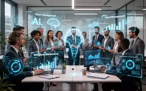 HR-Fachkräfte in einem modernen Büro, die mit holografischen Schnittstellen interagieren, die KI- und Talentmanagementdaten anzeigen. - Foto: über boerse-global.de