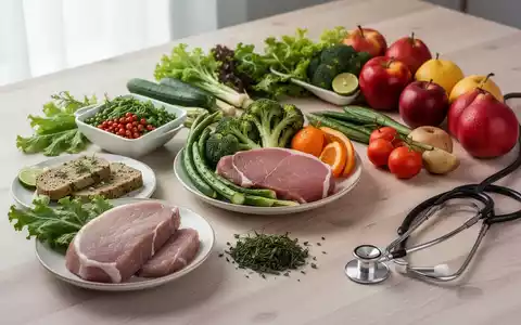 Eine Auswahl gesunder Lebensmittel, darunter Gemüse, Obst und mageres Protein, auf einem Tisch mit einem Stethoskop. - Foto: über boerse-global.de