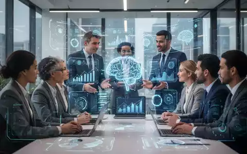 Geschäftsleute arbeiten in einem modernen Büro mit holografischen KI-Schnittstellen zusammen, die die Verbindung von menschlicher und künstlicher Intelligenz symbolisieren. - Foto: über boerse-global.de
