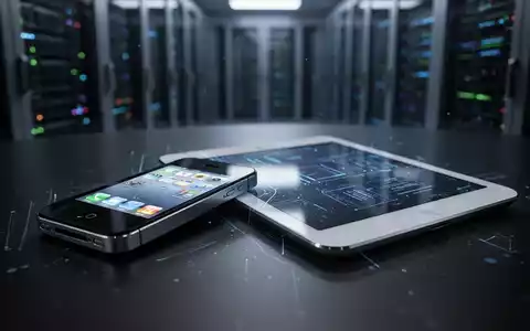 Ein altes iPhone 4S und ein iPad Mini der ersten Generation auf einer reflektierenden Oberfläche vor einem verschwommenen Rechenzentrum. - Foto: über boerse-global.de