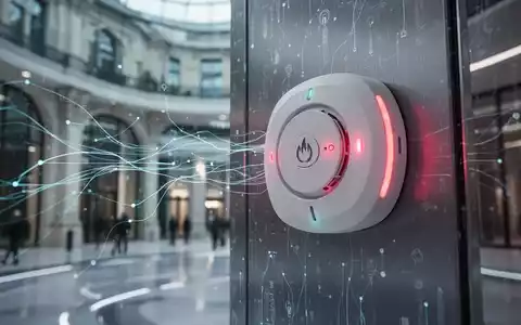 Ein moderner Brandmelder mit digitalen Konnektivitätslinien in einem intelligenten Gebäude, der technologische Fortschritte im Brandschutz symbolisiert. - Foto: über boerse-global.de
