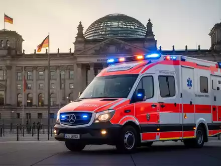 Ein Rettungswagen mit Blaulicht vor dem Reichstagsgebäude in Berlin, morgendliche Stimmung. - Foto: über boerse-global.de