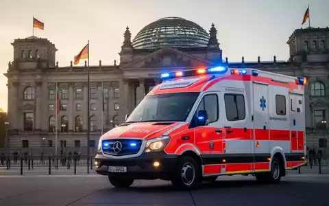 Ein Rettungswagen mit Blaulicht vor dem Reichstagsgebäude in Berlin, morgendliche Stimmung. - Foto: über boerse-global.de