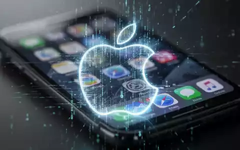 Ein stilisiertes, leuchtendes Apple-Logo aus digitalem Code auf einem verschwommenen Smartphone-Bildschirm mit App-Symbolen. - Foto: über boerse-global.de