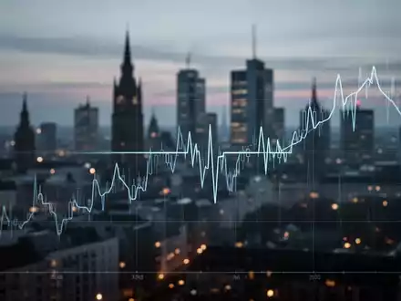 Ein abstraktes Diagramm, das eine Stagnation nach einem Aufwärtstrend vor der Kulisse der Frankfurter Skyline zeigt. - Foto: über boerse-global.de