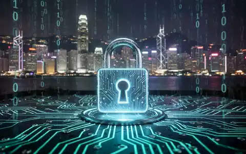 Digitales Vorhängeschloss auf einer Leiterplatte mit Binärcode und der Hongkonger Skyline bei Nacht, Symbol für Cybersicherheitsvorschriften. - Foto: über boerse-global.de